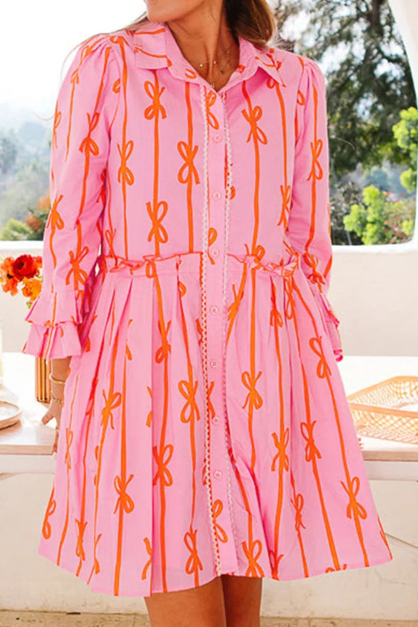 ruffled-bow-printed-three-quarter-sleeve-shirt-dress OhSoStyled - Sophia's Style-1